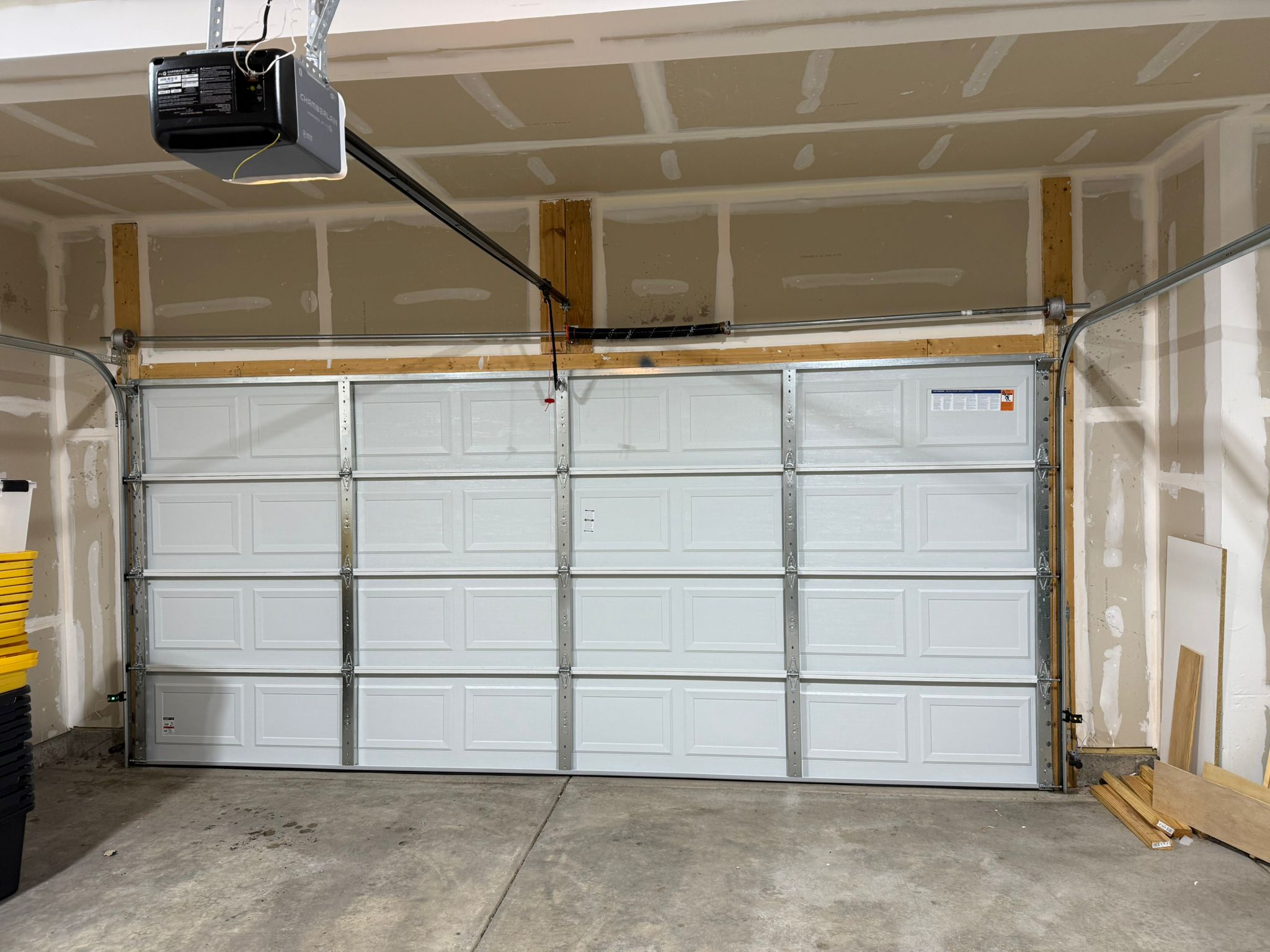 Interior view of a new double garage door installation